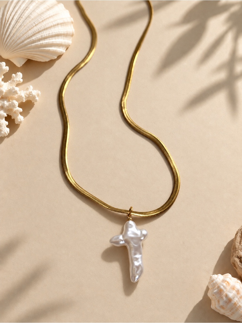 Gold Snake Chain Necklace with White Faux Cross Pearl Pendant